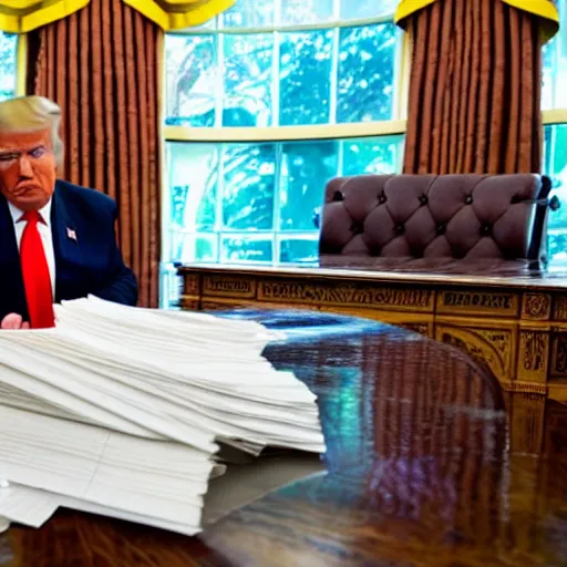 Prompt: donald trump eating papers titled top secret, photo realism, high detail, inside oval office,