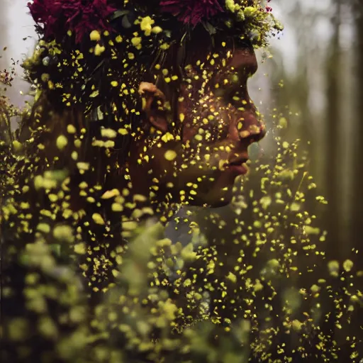 Prompt: close up kodak portra 4 0 0 photograph of a futuristic soldier in a flower crowd after the battle standing in dark forest, flower crown, moody lighting, telephoto, blurry background, faded