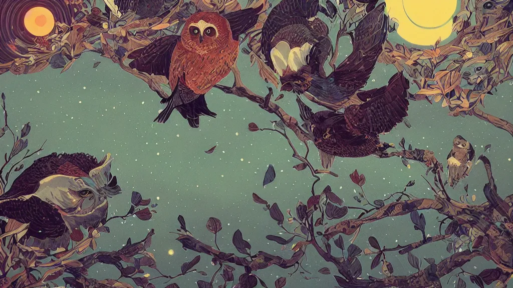 Prompt: ilya kuvshinov, mcbess, rutkowski, victo ngai, james jean, watercolor illustration of owls flying at night, colorful, mural, deep shadows, astrophotography, highly detailed