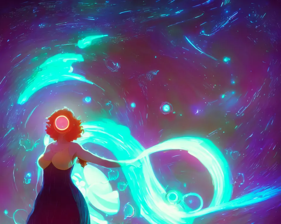 Image similar to a beautiful whimsical woman standing under a multi-colored binary blackhole with an accretion disc, casting magic, glowing trails following her arms, acidwave, by Lois van Baarle, by Greg Rutkowski, by artgerm, by beeple, by studio ghibli, cinematic angle, volumetric lighting, 4k resolution, octane render, trending on artstation, masterpiece