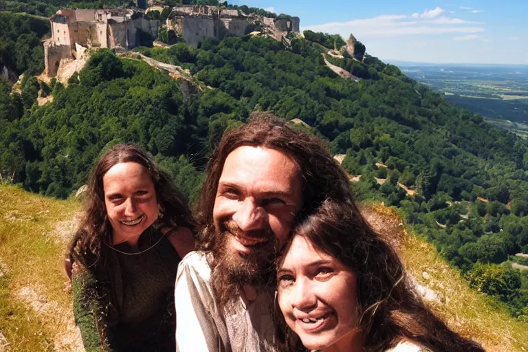 Image similar to selfie from a mobile phone of jesus and mary magdalene standing on a cliff looking over a beautiful landscape in france, rennes - le - chateau, award winning photo, very detailed, very realistic cinematic