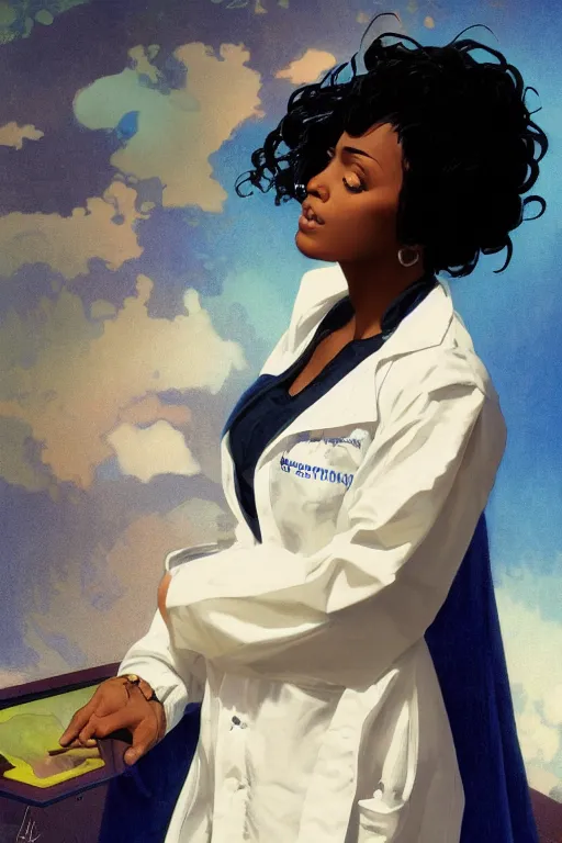 Prompt: African American woman, black hair, blue eyes, in a white lab coat, dramatic backlighting, autochrome, high contrast, highly detailed, sharp focus, digital painting, concept art, illustration, filmpunk , trending on artstation, art by greg rutkowski and greg hildebrandt, composition by alphonse mucha