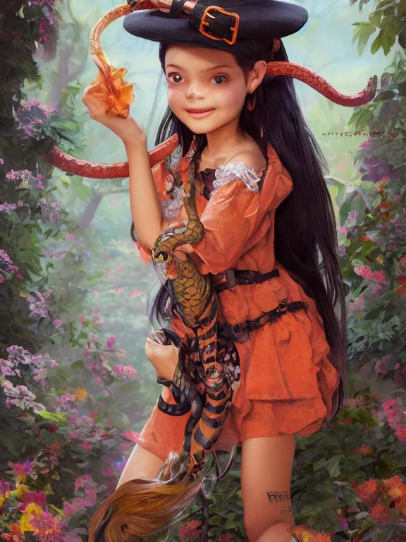 Image similar to Full shot of a cute mischievous young witch about to get up to some trouble with her playful snake familiar. Latin American fashion. Floral patterns. Black and Orange palette. Magic. Latina girl. brown skin. defined facial features, symmetrical facial features. Smiling. By Ruan Jia and Artgerm and Range Murata and WLOP and Ross Tran and William-Adolphe Bouguereau. Key Art. Fantasy Illustration. award winning, Artstation, intricate details, realistic, Hyperdetailed, 8k resolution.