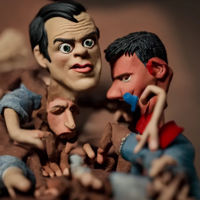 Prompt: a cinematic film still of a claymation stop motion film starring johnny knoxville and steve - o, portrait, shallow depth of field, 8 0 mm, f 1. 8