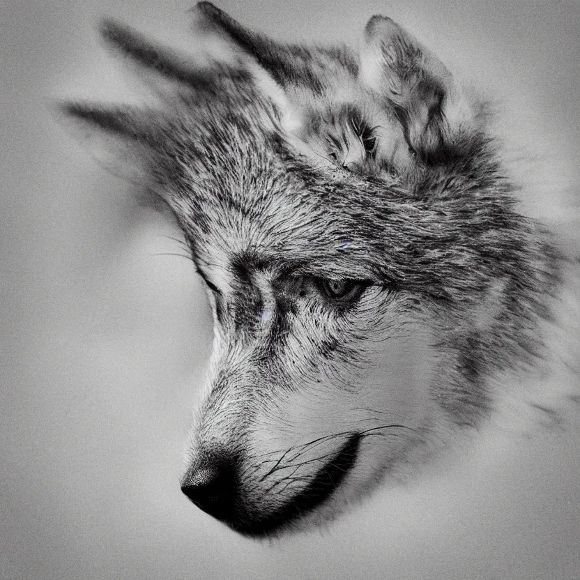 Prompt: a wolf pup deep in thought, digital art, duotone