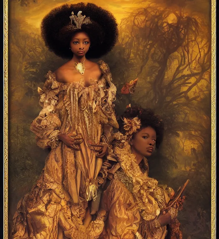 Prompt: a breathtakingly stunningly beautifully highly detailed portrait of a afro queen, ornately framed, by rosetti and devinci and michael cheval and sidney cooper and turner, 4 k