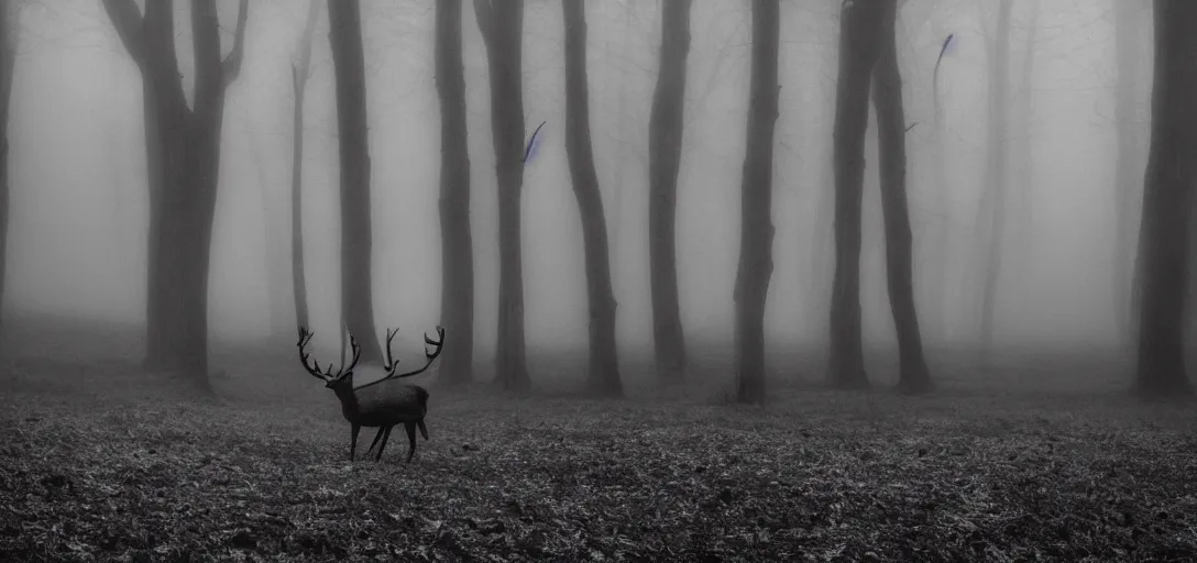 Prompt: wood, fog, black deer with giant antlers, pinhole analogue photo quality, monochrome, blur, unfocus, cinematic, 35mm