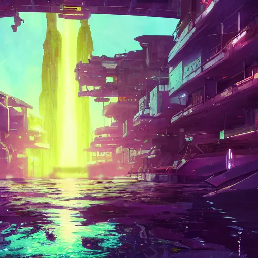 Prompt: A photorealistic illustration of a underwater sunken the city of Otoh Gunga with monuments and altars by makoto shinkai , sunlight pasing through water, sumbarine, blade runner style,cyberpunk vibe, purple color scheme, post apocalyptic retrofuturism, cgsociety