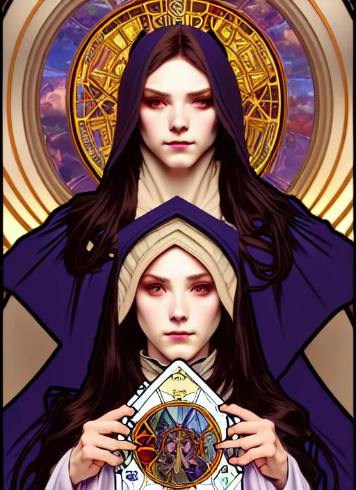 Image similar to overlord, wearing an academic gown, tarot card, highly detailed, deep focus, elegant, digital painting, smooth, sharp focus, illustration, ultra realistic, 8 k, art by artgerm and alphonse mucha