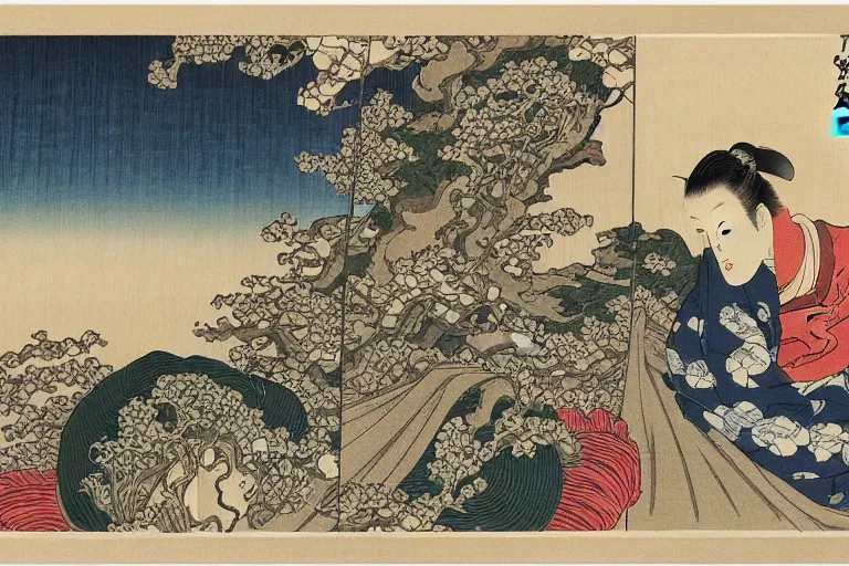 Image similar to an amazing ukiyoe drawing of a poetic scene with irises by katsushika hokusai and utagawa hiroshige, masterpiece, hyperdetailed!!!, intricate, complex, closeup, 4 k