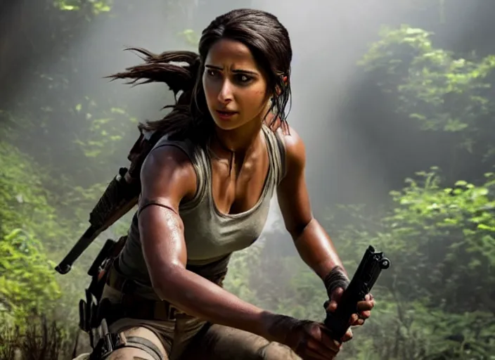 Image similar to film still of!!!! naomi scott!!! as lara croft in new tomb raider movie, 8 k