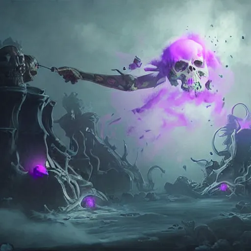 Prompt: floating skulls with violet smoke trails, two fangs, violet theme, epic fantasy digital art style, fantasy artwork, by Greg Rutkowski, fantasy hearthstone card art style