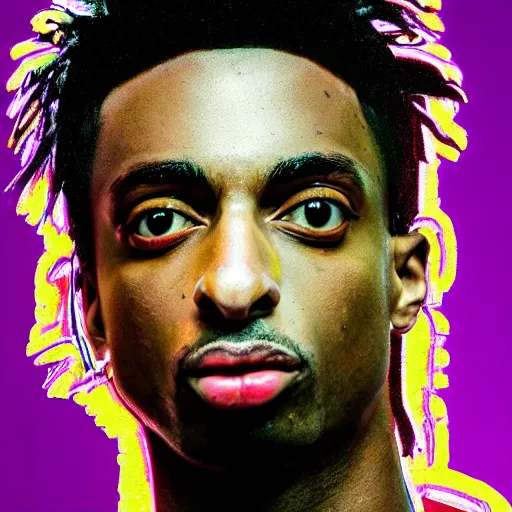 Image similar to playboi carti, photorealistic, detailed face, full body shot, 8 k, hd, neon colors, over saturated colors, wok, noisy background, background blending with itself, goofy,