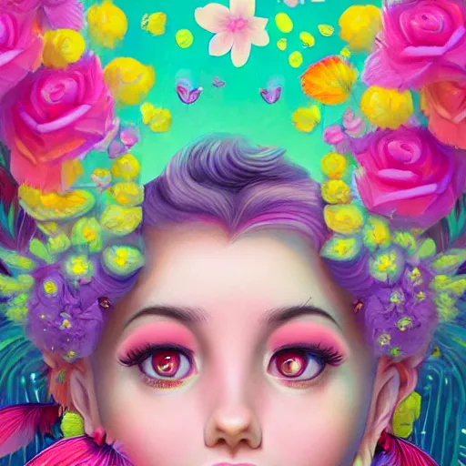 Image similar to a divine feminine woman, pink hair, rosey cheeks, sparkles on eyelids, surrounded by lush flowers and feathers in bright abstract colours, ultra realistic digital painting, artstation, concept art, pop, smooth, sharp focus, illustration, art by mark ryden, and lisa frank 3 d 8 k ultra detailed