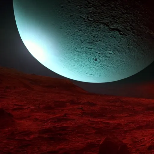 Image similar to A spooky alien planet with two moons, one red and one blue, in the background, Volumetric lighting, Planet texture, 4K, by H. R. Giger and Ridley Scott