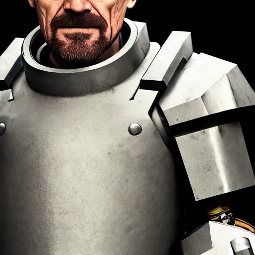 Image similar to Walter White in cybernetic battle armour with shields, 4k octane render, highly detailed, concept art