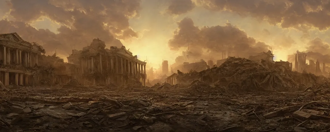 Prompt: A beautiful hyper realistic detailed matte painting of the destroyed Capitolium after nuclear bomb | post-apocalyptic landscape at early sunrise | a lot of debris and burned bushes and trees | by John Howe and Andreas Rocha and Martin Johnson Heade and Albert Bierstadt, Fallout style | unreal engine, trending on artstation, golden ratio, rectilinear