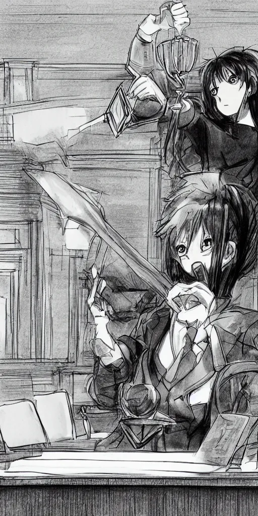 Prompt: powerful anime judge with a magic gavel, in a court room with a scale on his desk, drawn by a famous anime artist, high quality, fine lines, amazing detail