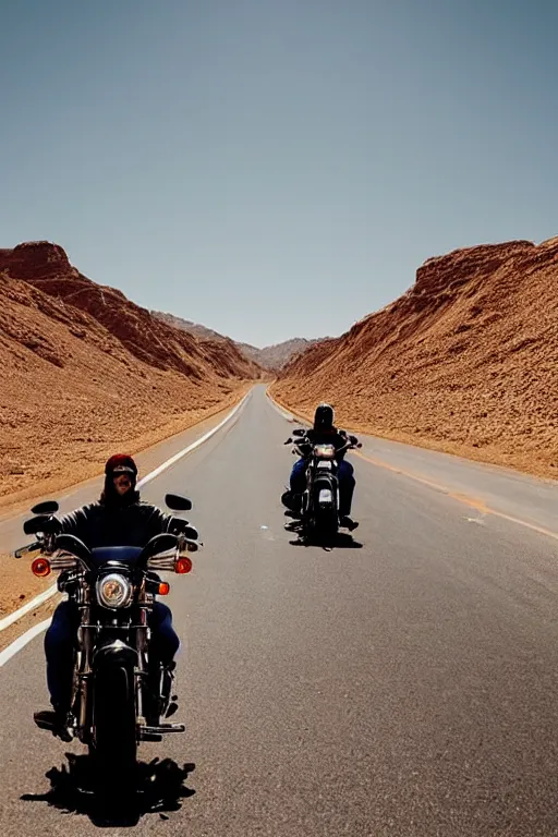Image similar to riding a harley davidson on a desert road, cinematic