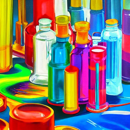 Prompt: detailed painting of an alchemist lab, large tubes, colorful liquid