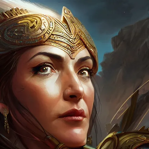 Prompt: Jeff Bezos as a female amazon warrior, closeup, D&D, fantasy, intricate, elegant, highly detailed, digital painting, artstation, concept art, matte, sharp focus, illustration, hearthstone, art by Artgerm and Greg Rutkowski and Alphonse Mucha