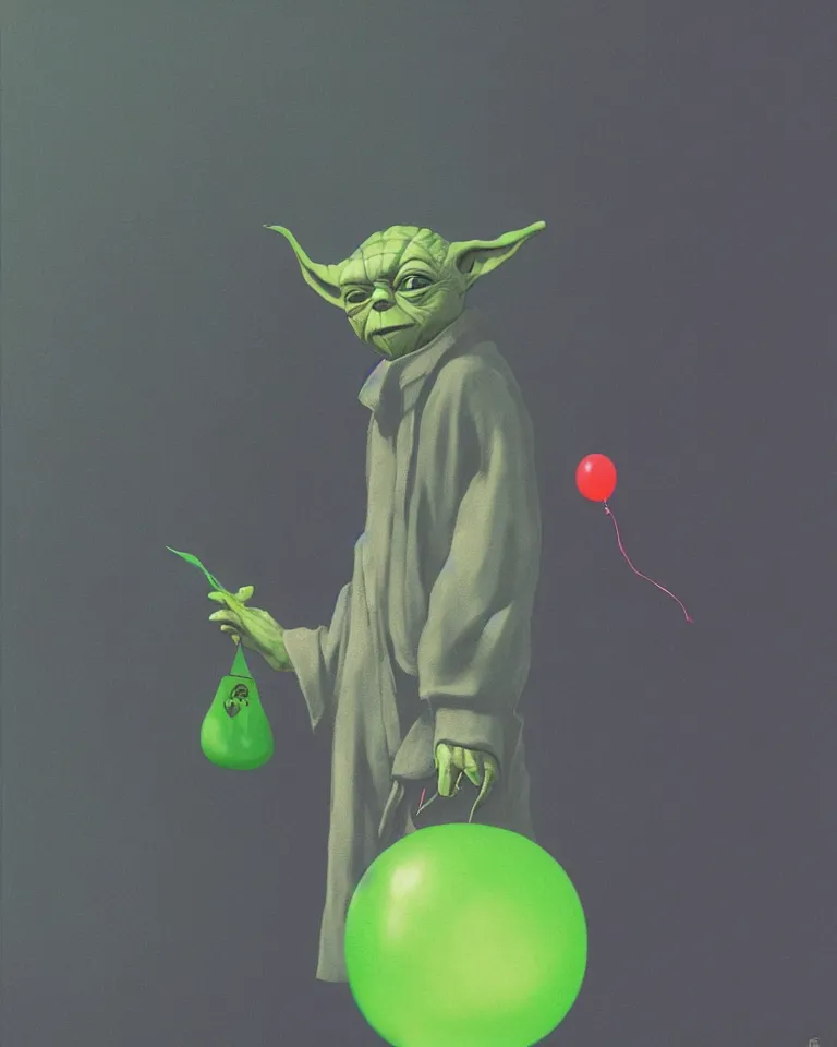 Image similar to yoda holding a green balloon in the tokyo suburbs by edward hopper and james gilleard, zdzislaw beksinski, highly detailed, trending on artstation, sigma 5 0, hyper realistic