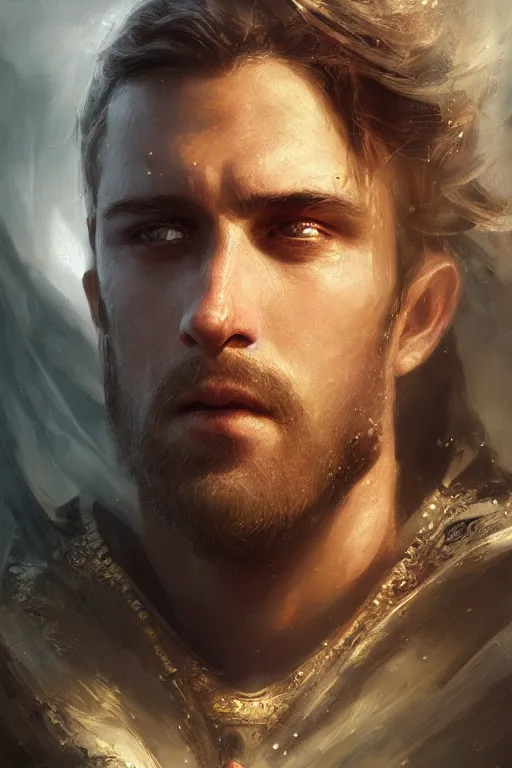 Image similar to King Arthur, close-up portrait, powerfull, intricate, elegant, volumetric lighting, scenery, digital painting, highly detailed, artstation, sharp focus, illustration, concept art, ruan jia, steve mccurry