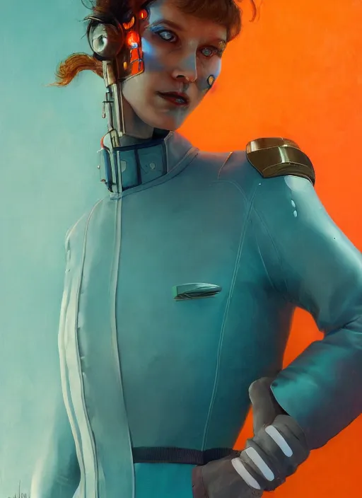 Prompt: symmetry!!! closeup portrait of a cyborg chef girl, fashion racing jumpsuit with shiny shoulder pads, cinematic light, windy, teal orange, volumetric smoke, mist, by gerald brom, by mikhail vrubel, by peter elson, muted colors, extreme detail, trending on artstation, 8 k