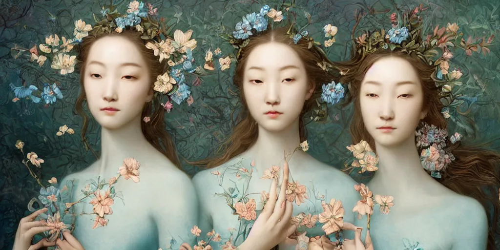 Image similar to breathtaking detailed concept art painting portrait of two goddess of light blue flowers by hsiao - ron cheng, carroty hair, orthodox saint, with anxious piercing eyes, vintage illustration pattern background with bizarre compositions blend of flowers and fruits and birds by beto val and john james audubon, exquisite detail, extremely moody lighting, 8 k