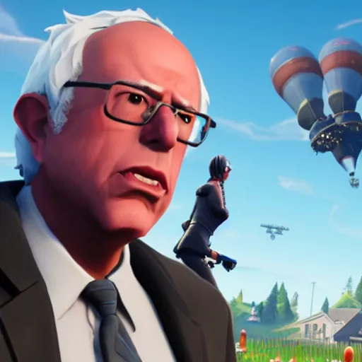 Prompt: Gameplay screenshot of Bernie Sanders in Fortnite