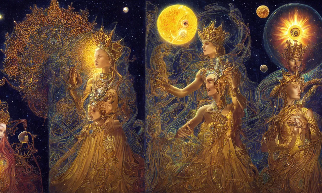 Image similar to sun king and moon queen in the cosmic court of mystical astronomy, art by james c. christensen and keith parkinson