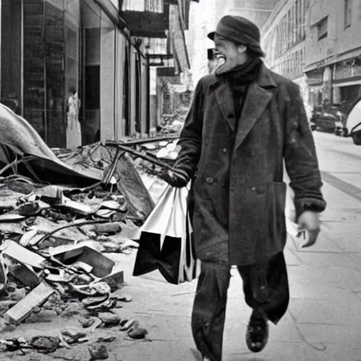 Prompt: ultra high detail modern city destroyed by war in ruins with brad pitt walking around with shopping bags laughing at homeless person, color photograph very high detail