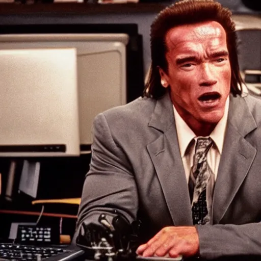 Prompt: arnold schwarzenegger, arnold schwarzenegger as conan the barbarian sitting at a desk, as an office worker, in an office, inside an office building, sitting at a desk, angrily shouting at a laptop, angry at laptop, laptop computer, computer trouble, technical difficulties, software error, crisp lighting