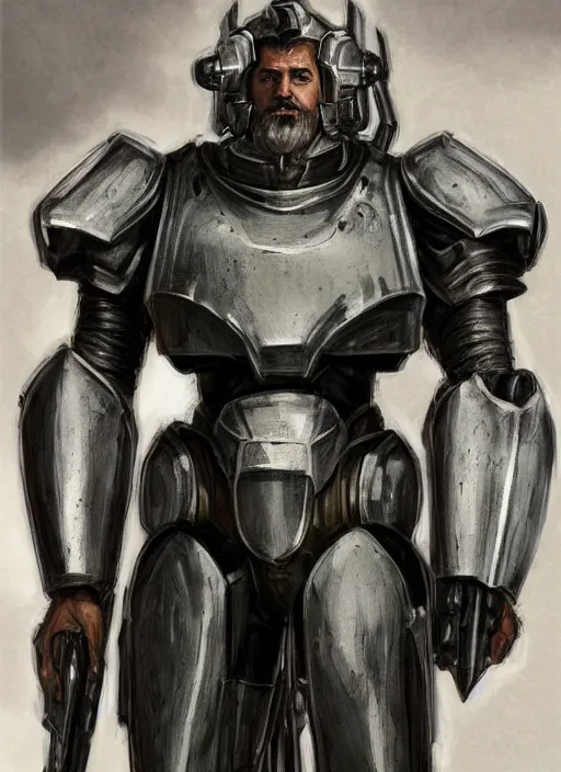 Image similar to medium-length portrait of a male paladin with short curly hair and a greying beard, olive skin, a grim expression and tired eyes, wears a suit of power armor, magitech!, Enchanted power armor, gundam, medieval setting, highly detailed, digital painting, artstation, concept art, sharp focus, illustration, art by greg rutkowski and alphonse mucha