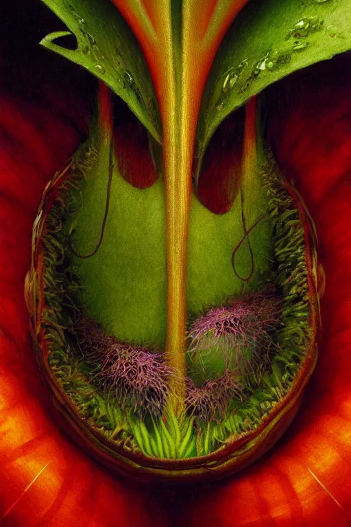 Prompt: Close-up portrait of an carnivorous plant smiling, dramatic backlighting, golden hour, autochrome, high contrast, highly detailed, sharp focus, focused macro photography, digital painting, concept art, illustration, cyberpunk, solarpunk, trending on artstation, art by greg rutkowski and greg hildebrandt, composition by Alphonse mucha