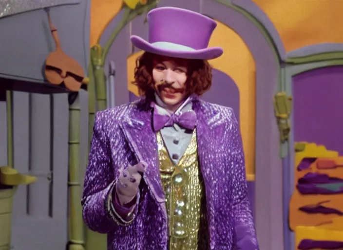 Prompt: film still of Post Malone as Willy Wonka in Willy Wonka and the Chocolate Factory 1971