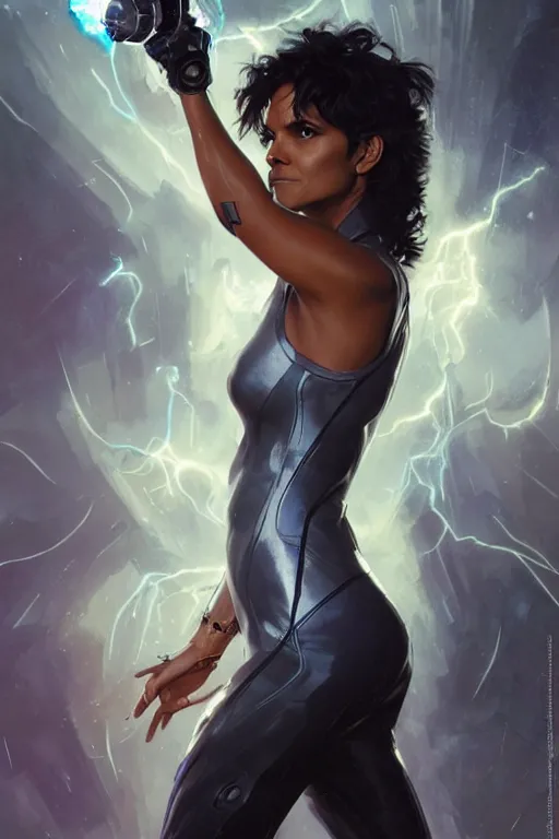 Image similar to halle berry storm as aeon flux profile picture by Greg Rutkowski, white hair, dynamic pose, intricate, futuristic, fantasy, lightning, elegant, by Stanley Artgerm Lau, greg rutkowski, thomas kindkade, alphonse mucha, loish, norman Rockwell,