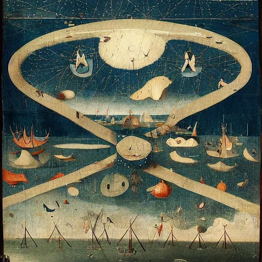 Prompt: The performance art shows a group of flying islands, each with its own unique landscape, floating in the night sky. The islands are connected by a network of bridges, and a small group of people can be seen walking along one of the bridges. Mediterranean by Hieronymous Bosch straight