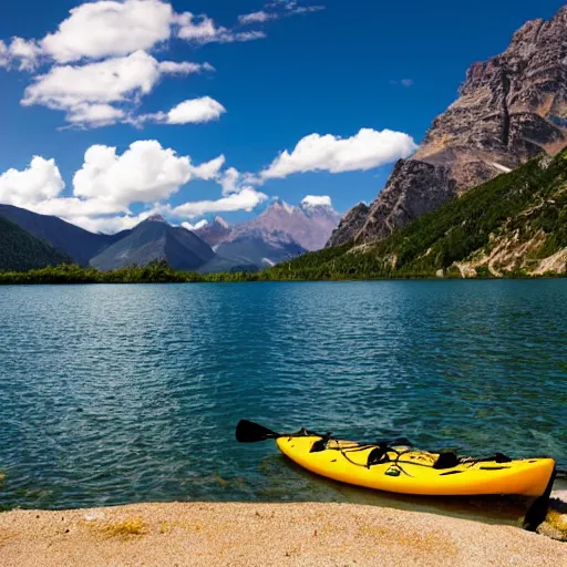 Image similar to a beautiful image of a breathtaking lake with amazing mountains in the background, there is a kayak in the foreground on the beach. landscape image