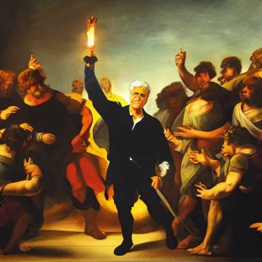 Prompt: a painting of Yair Lapid holding a torch and leading a crowd of people in the style of Michaelangelo