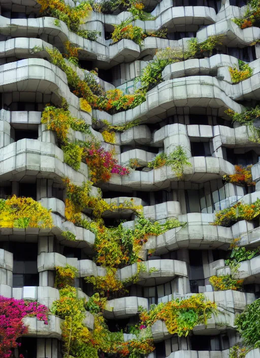 Image similar to brutalist buildings covered in colorful vines and flowers by Denys Lasdun William Morris and Mies van Der Rohe, artstation, masterpiece