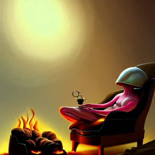 Image similar to painting of a mushroom alien sitting in a recliner by the fire smoking a pipe and wearing a soft robe and slippers, elegant intricate digital painting, trending on artstation, by normal rockwell