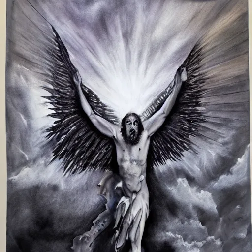 Prompt: the devil being cast down from heaven charcoal and water color masterpiece painting, hyperrealism, 4 k