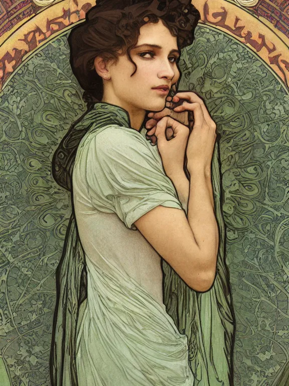 Prompt: an art nouveau mucha poster style head and shoulders portrait oil painting of a pretty young alicia jessica vikander alba wearing an oversize grey - green t - shirt, intricate, detailed, smooth, complex, elaborate, by alphonse mucha and james gurney and john william waterhouse and bouguereau