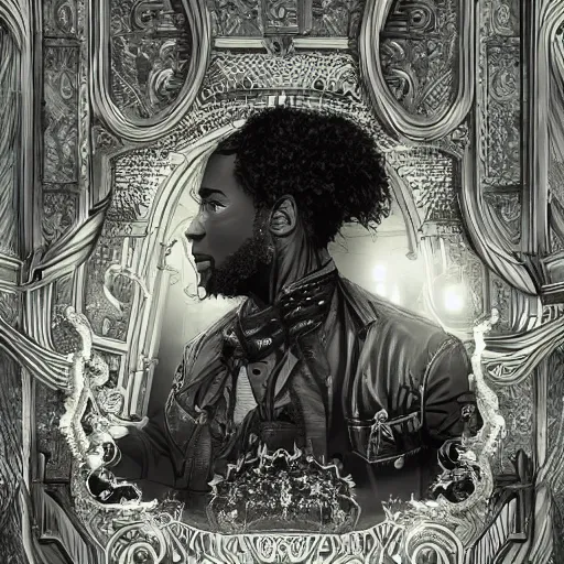 Prompt: a black man with long curly hair, with his back turned, looking at a victorian window, on deep sea, a big glowing letter K on the wall, + Cinematic Lighting + Deep Shadows + Hyper Realistic + Hyper Maximalist + Maximalist Composition + Intricate Details + Rendered in Octane + Trending on Artstation + Hall of Fame on Cgsociety + 8K portrait + 8k Post-Processing Highly Detailed + Rendered by Octane Engine + 8K Artstation 8k Detail Post Processing + Octane Render