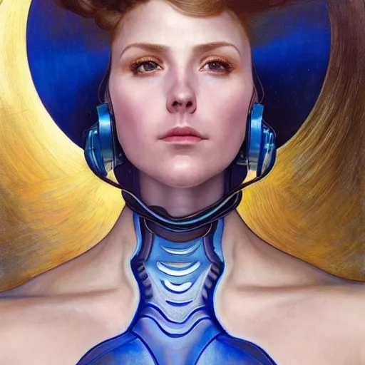 Prompt: Portrait of Samus Aran with blue jumpsuit drawn by Donato Giancola and Tom Bagshaw, face by Artgerm, overall design by Alphonse Mucha, background by James Jean and Gustav Klimt, light by Julie Bell, 4k, porcelain skin, komorebi, french nouveau, trending on artstation, octane render, hyperrealistic