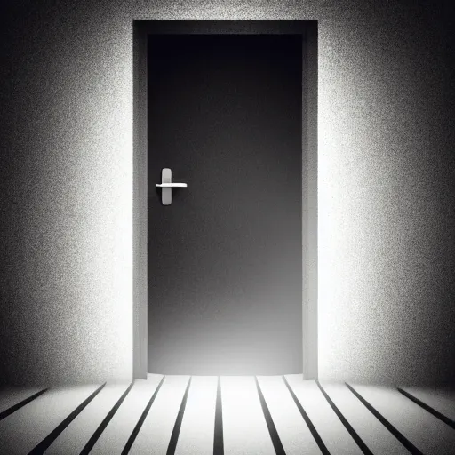 Prompt: a photo of a dark black room at night, the door is almost closed and light shines through a gap