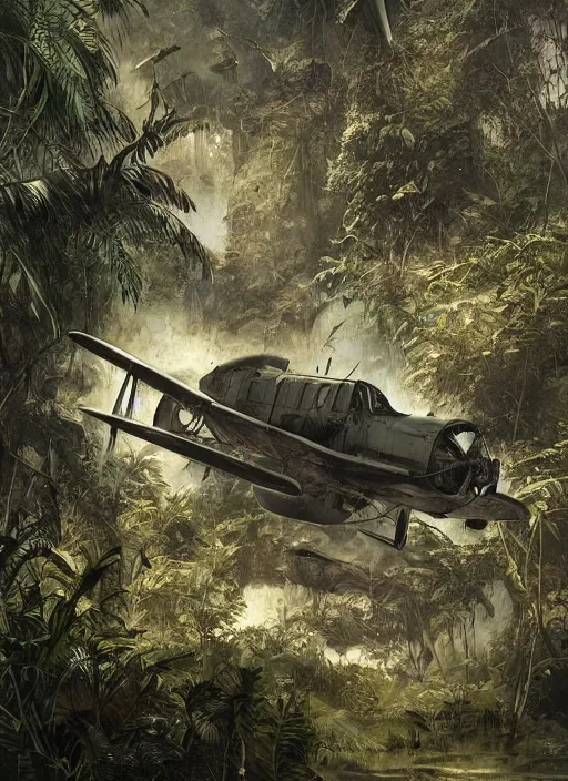 Prompt: World war airplane wreck in an exotic jungle, Dynamic lighting, cinematic, establishing shot, extremely high detail, photo realistic, cinematic lighting, pen and ink, intricate line drawings, post processed, concept art, artstation, matte painting, style by Raphael Lacoste, Eddie Mendoza