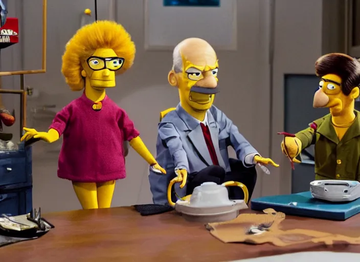 Image similar to still from a live - action tv show in the style of thunderbirds with marionette puppets, starring the characters of the simpsons in springfield. wooden puppets wearing clothing made of fabric. photographic ; realistic ; highly - detailed.