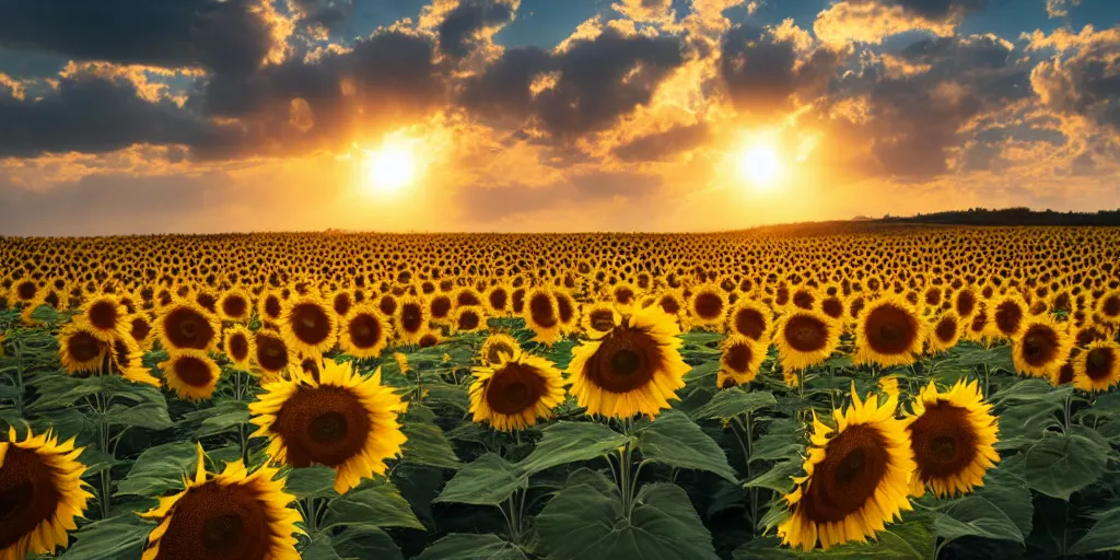 Image similar to a beautiful landscape photo of sunflowers looking at the sun, cinematic atmospheric golden hour